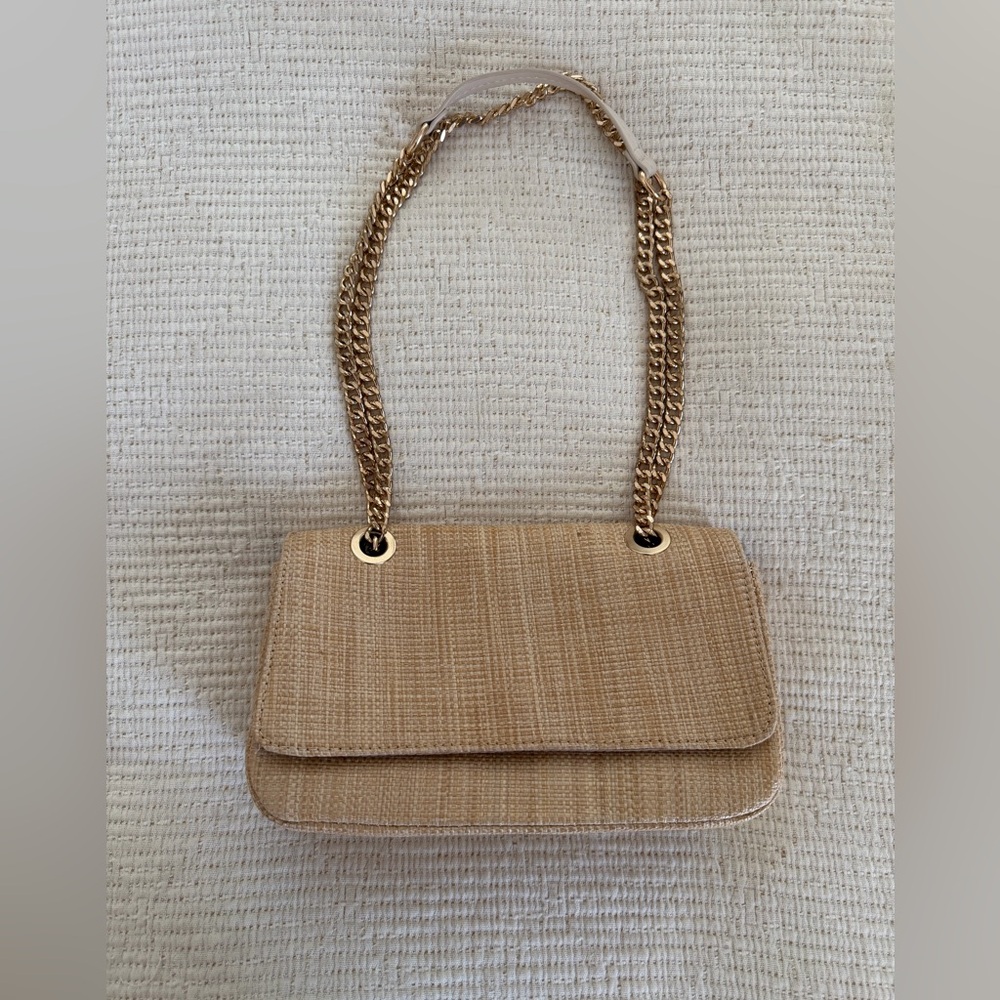 Rattan flap bag with double chain strap